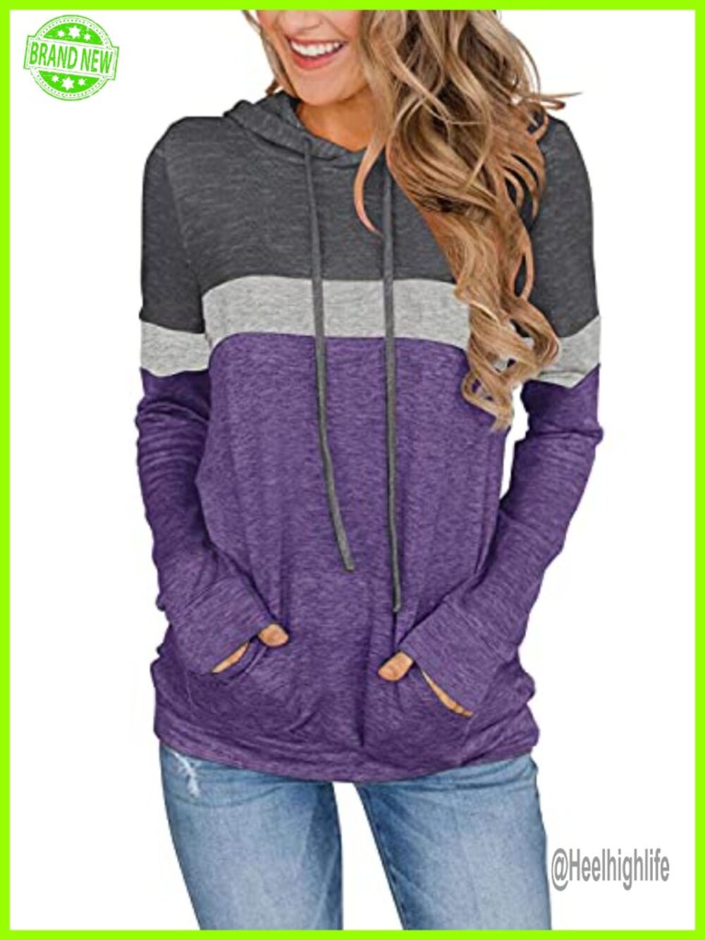 Women's Long Sleeve Hoodie Pullover Sweatshirt Color Block Kangaroo Pocket